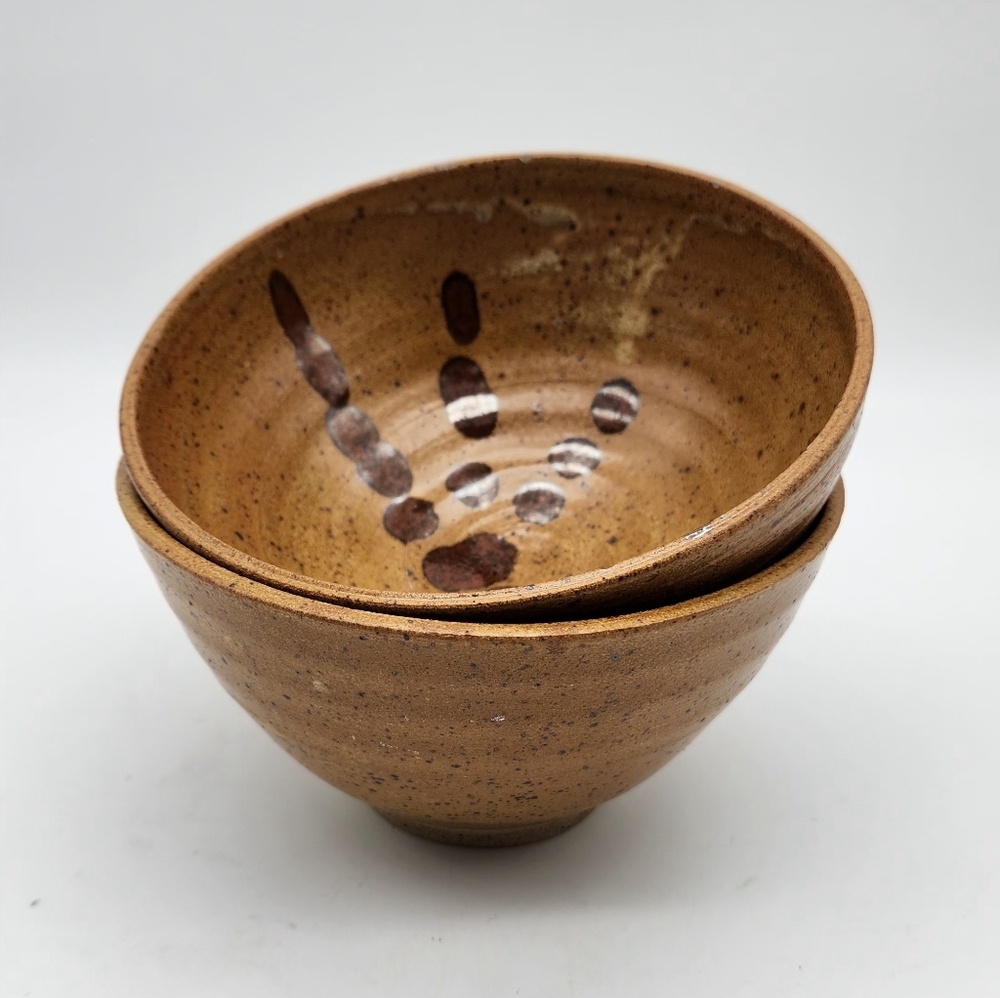 Studio Art Pottery Wheel Thrown Yellow Brown (2) Bowls. Signed.